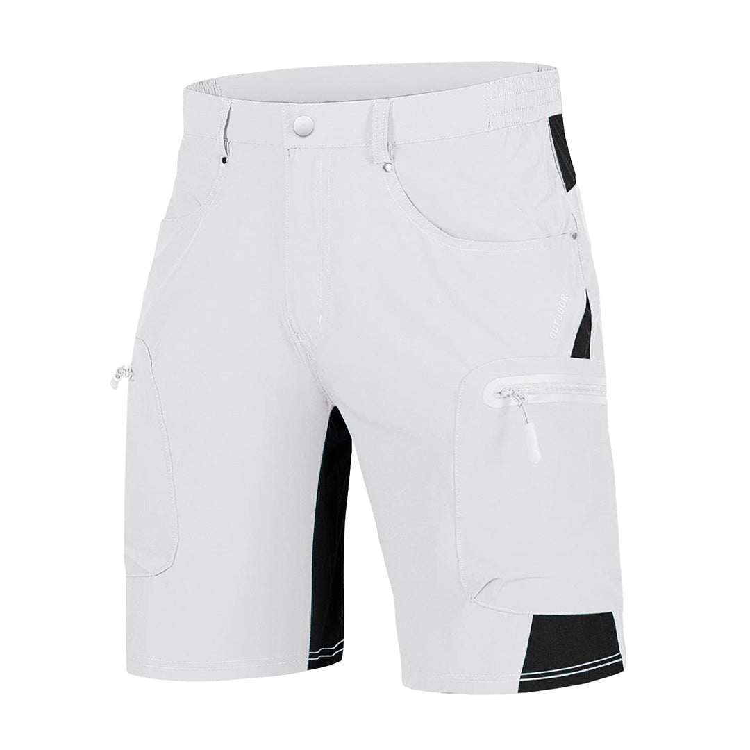 Men's khaki cargo shorts knee-length quick-dry nylon-spandex blend with multi-pocket hiking design