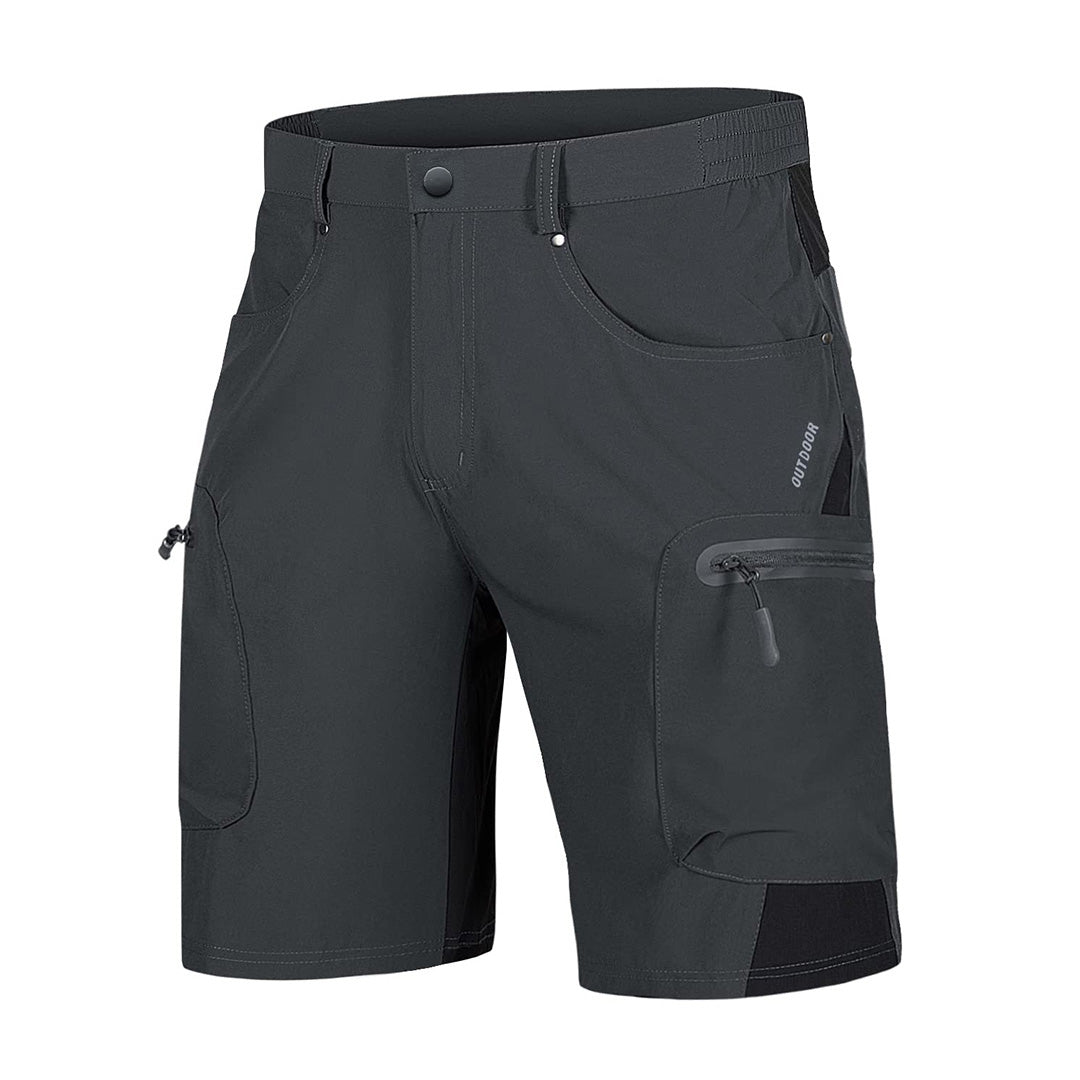 Men's khaki cargo shorts knee-length quick-dry nylon-spandex blend with multi-pocket hiking design