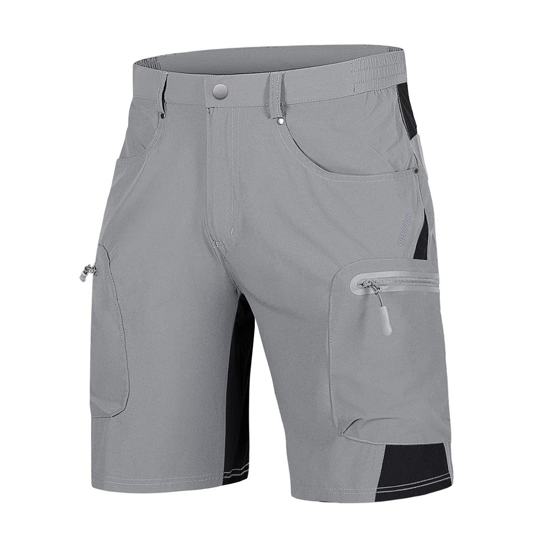 Men's khaki cargo shorts knee-length quick-dry nylon-spandex blend with multi-pocket hiking design