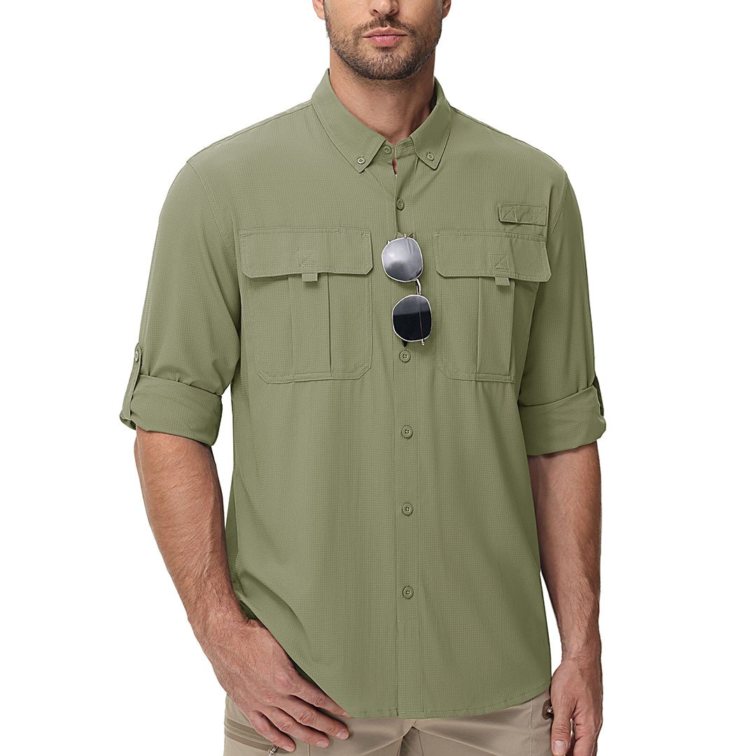 Men's quick-dry tactical hiking shirt with UPF 50 sun protection, breathable lightweight polyester
