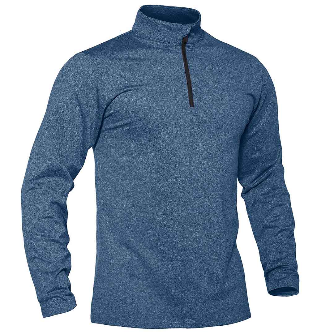 Men's gray quarter zip fleece-lined thermal pullover sweatshirt with stretch fit for winter
