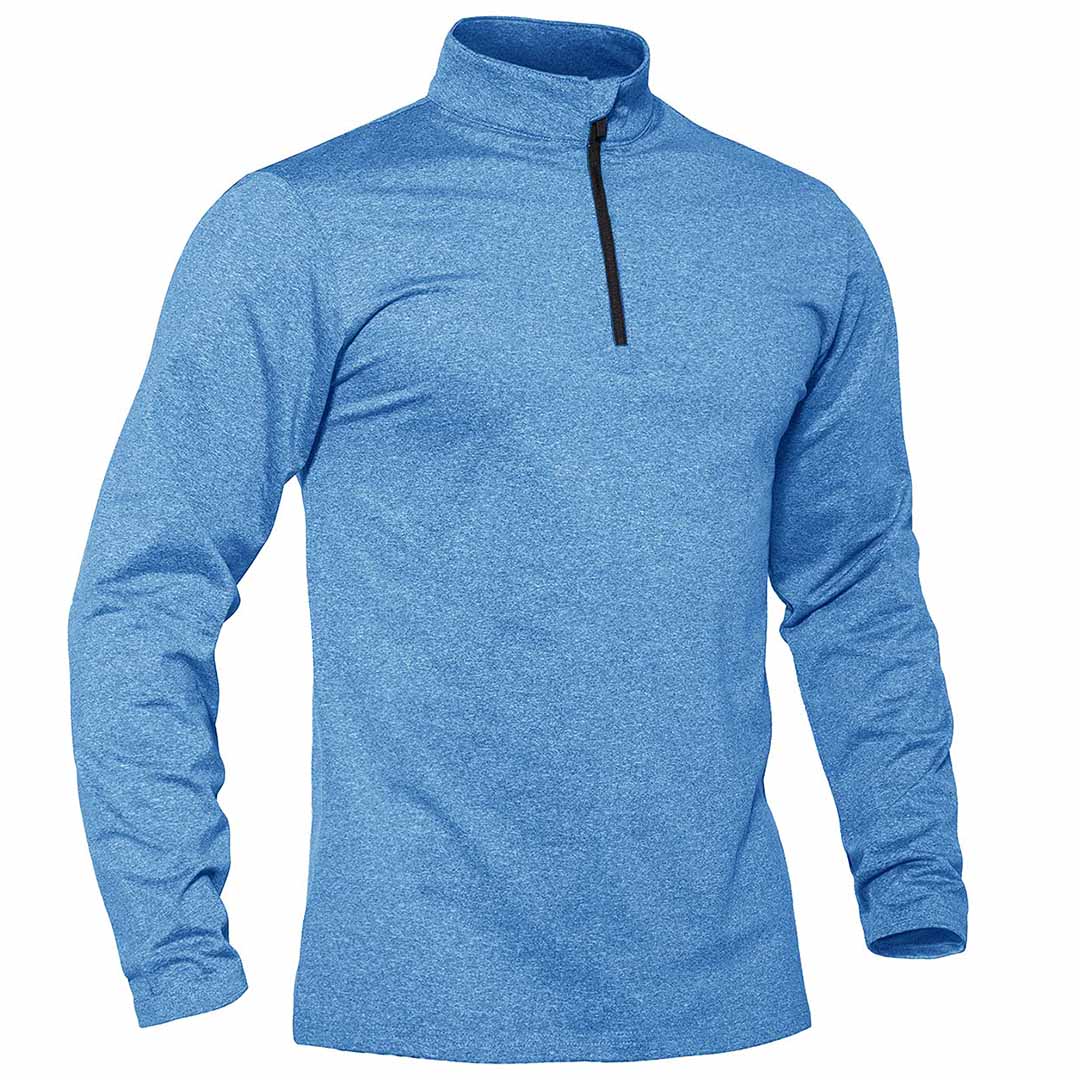 Men's gray quarter zip fleece-lined thermal pullover sweatshirt with stretch polyester blend