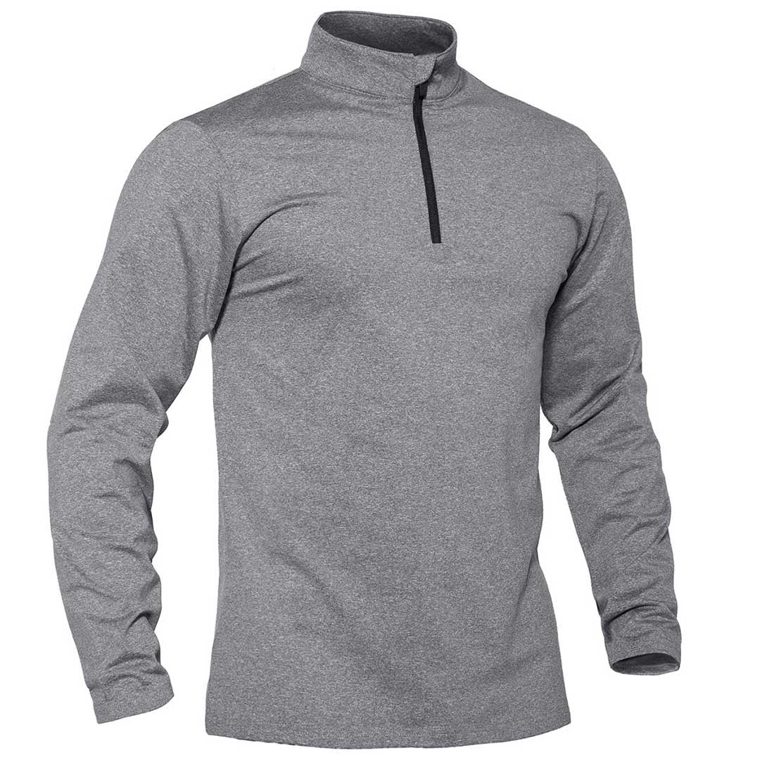 Men's gray quarter zip fleece-lined thermal pullover sweatshirt with stretch fit for winter