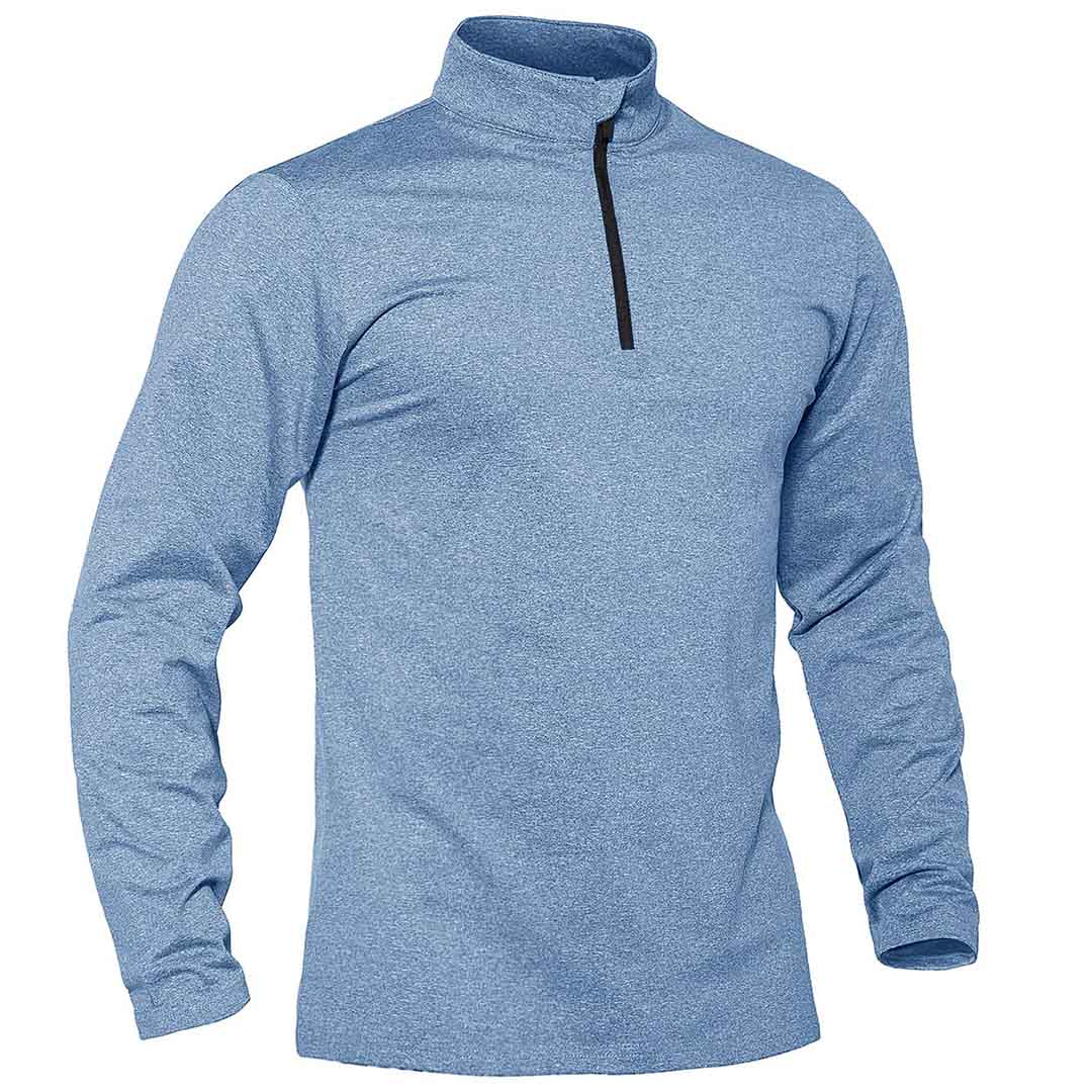 Men's gray quarter zip fleece lined thermal pullover sweatshirt with stretch polyester spandex blend