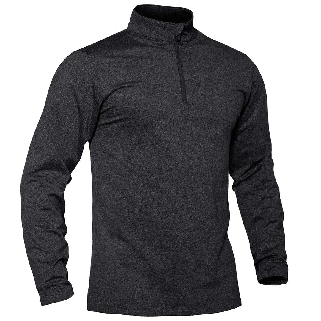 Men's gray quarter zip fleece-lined thermal pullover sweatshirt with stretch polyester blend