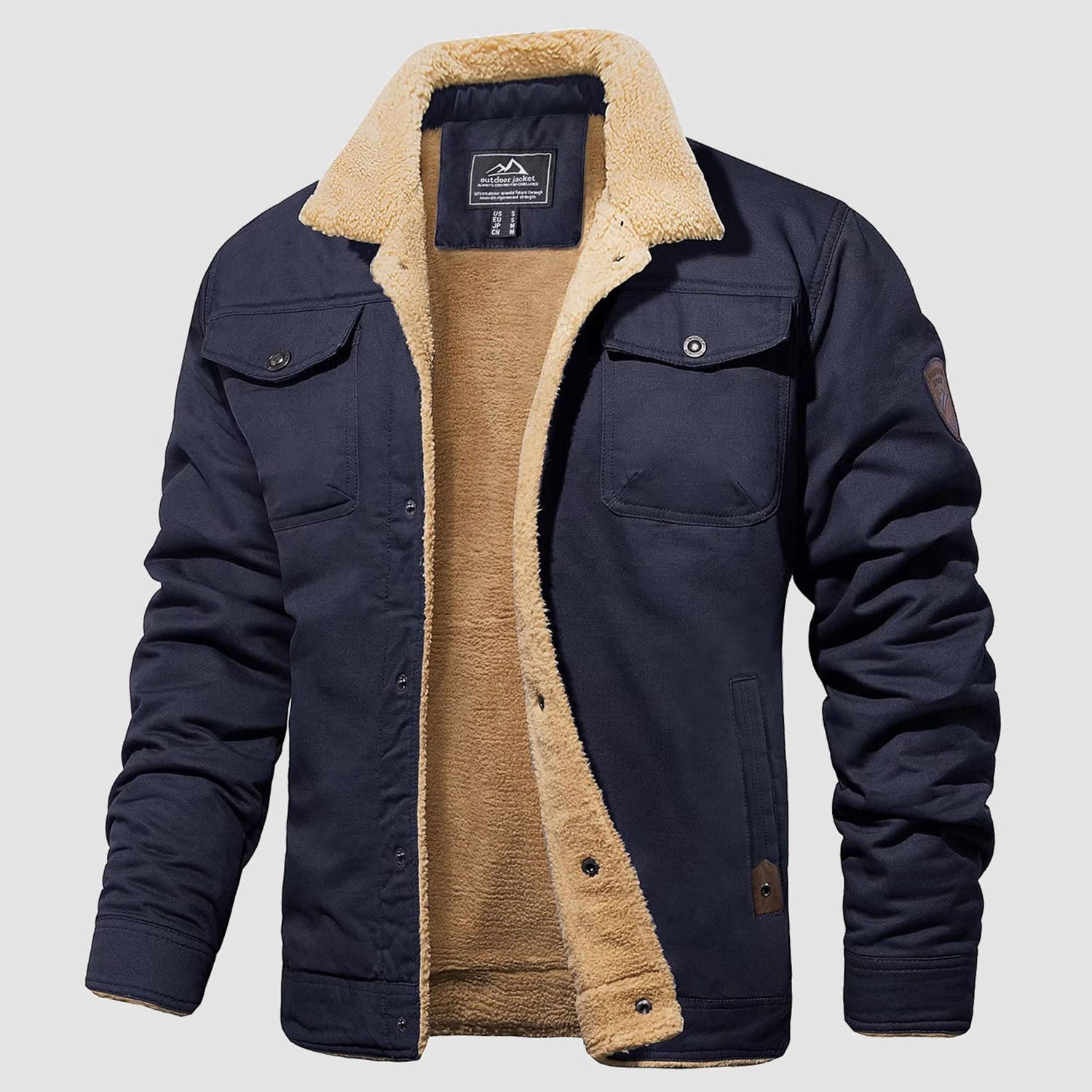 Men's sherpa lined trucker jacket heavyweight cotton shell with multi-pocket design for winter outdoor wear