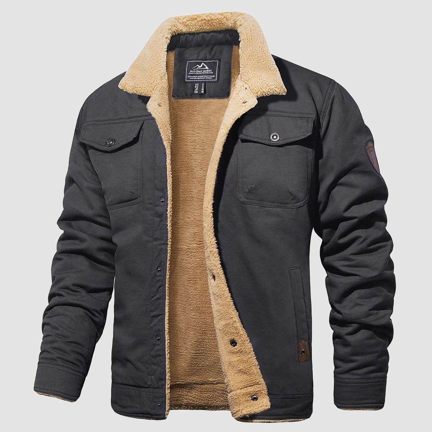 Men's brown cotton trucker jacket sherpa-lined with multi-pocket design for warm winter outdoor wear