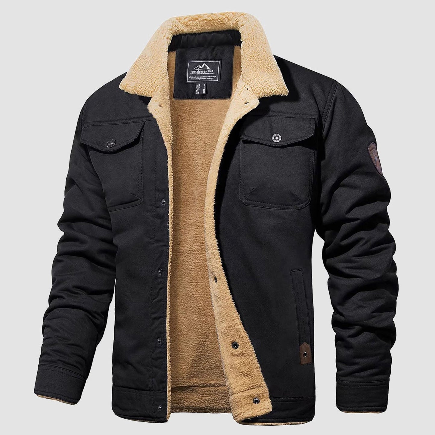 Men's sherpa lined trucker jacket heavyweight cotton shell multi-pocket design for warm winter outdoor wear