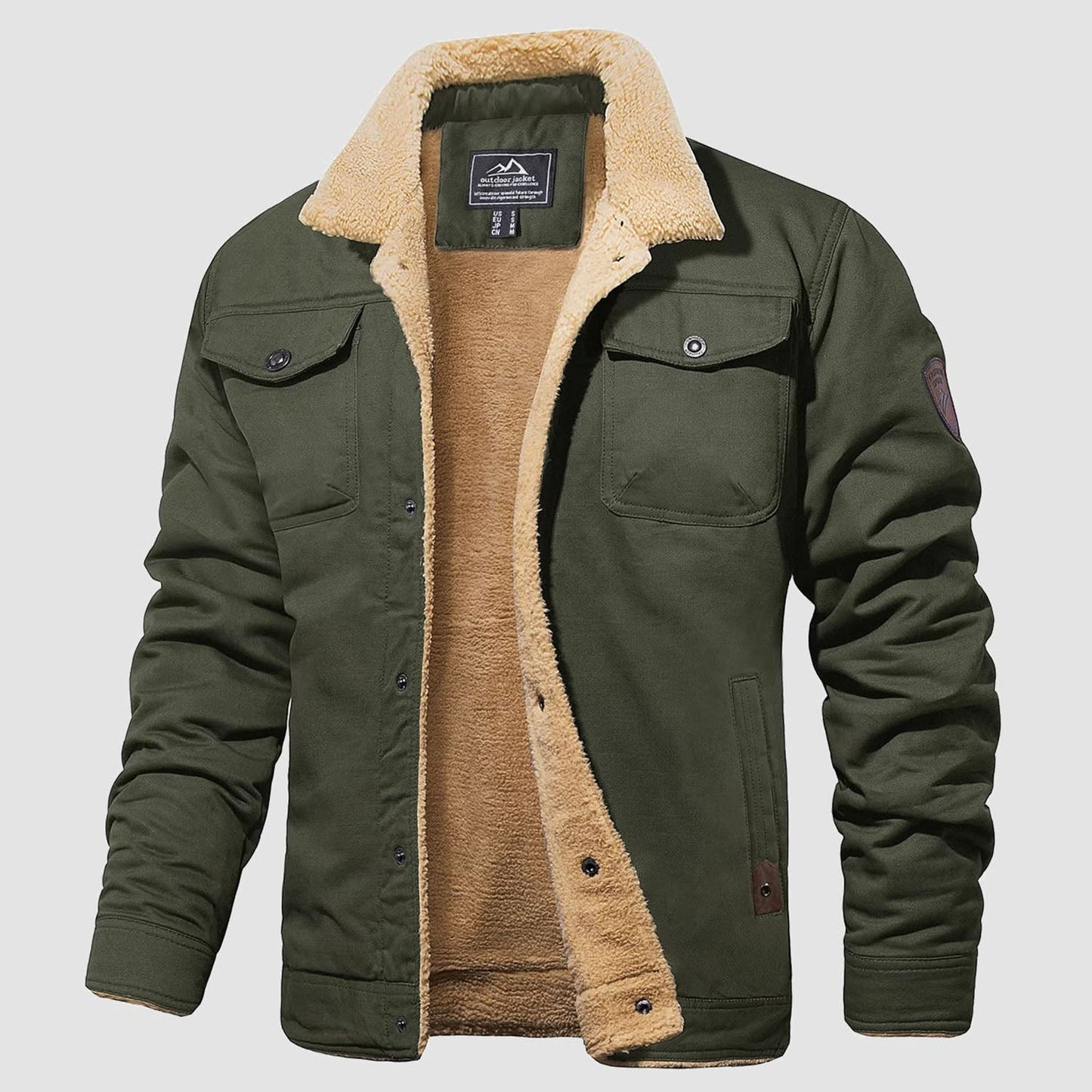 Men's sherpa lined trucker jacket heavyweight cotton multi-pocket design for warm winter outdoor wear