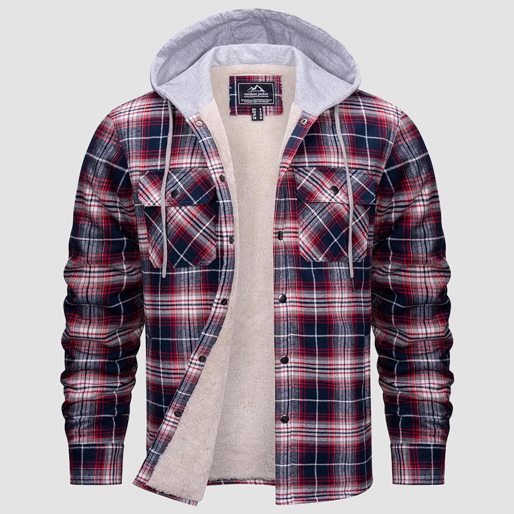 Men's plaid flannel hoodie jacket with sherpa lining and windproof hood for winter warmth