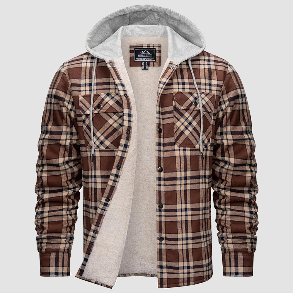 Men's plaid flannel hoodie jacket with sherpa lining and windproof hood for winter warmth