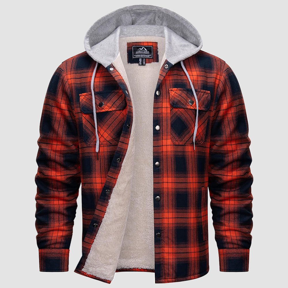 Men's plaid flannel hoodie jacket sherpa-lined windproof hood warm layering winter outerwear