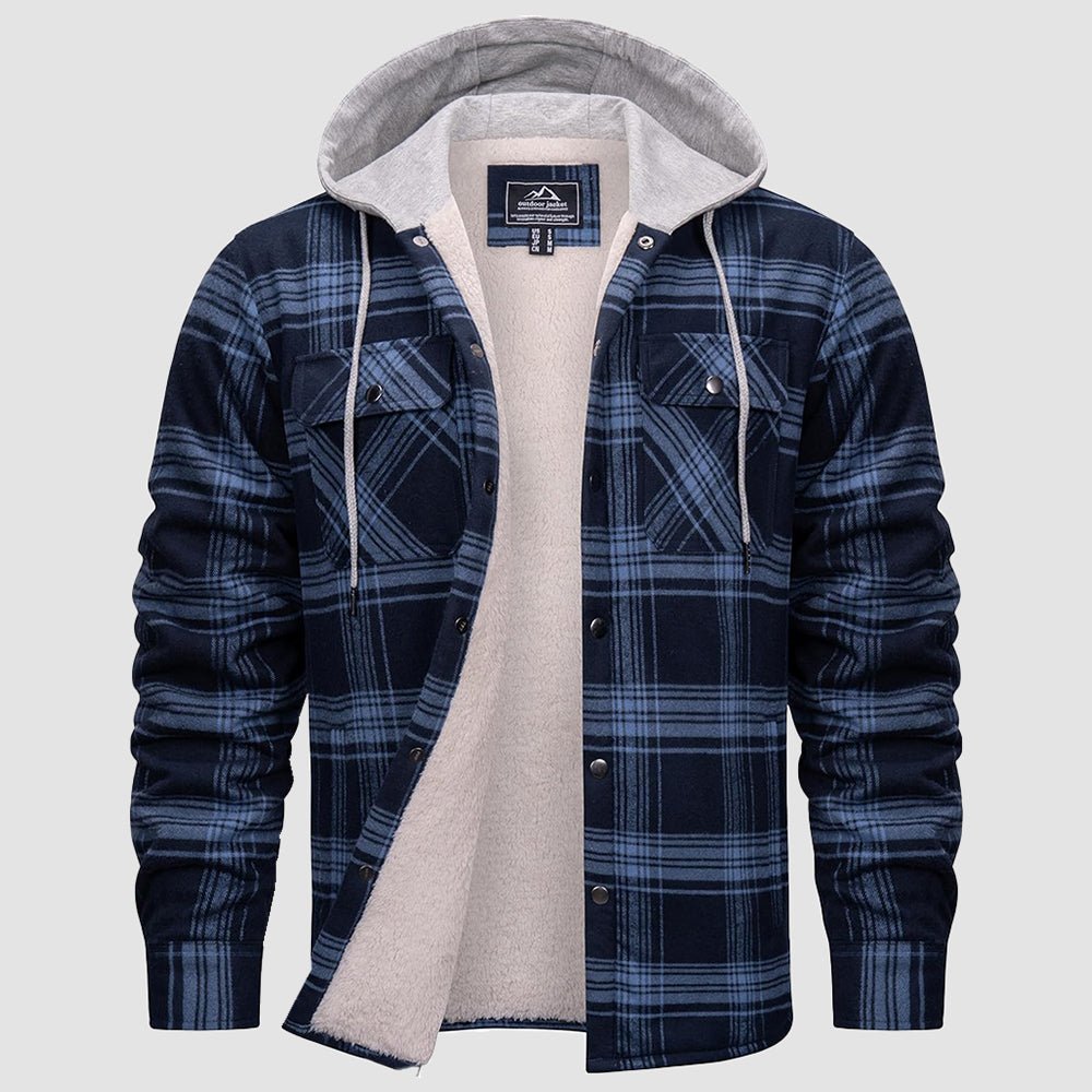 Men's plaid flannel hoodie jacket with sherpa lining, windproof hood, classic winter style