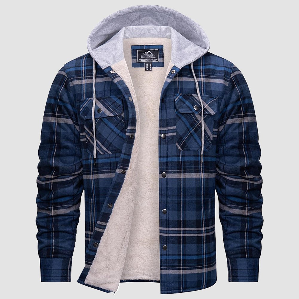 Men's plaid flannel hoodie jacket with sherpa lining, windproof hood, cozy winter layering piece