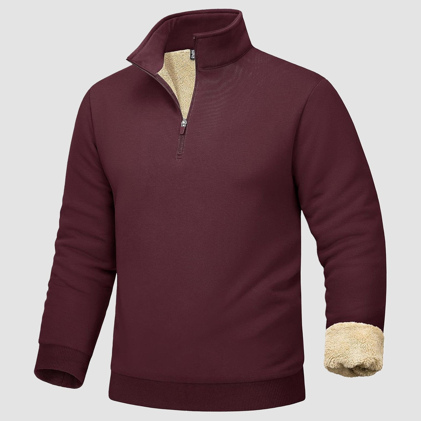 Men's sherpa lined quarter zip fleece pullover heavyweight cozy cold weather layering piece