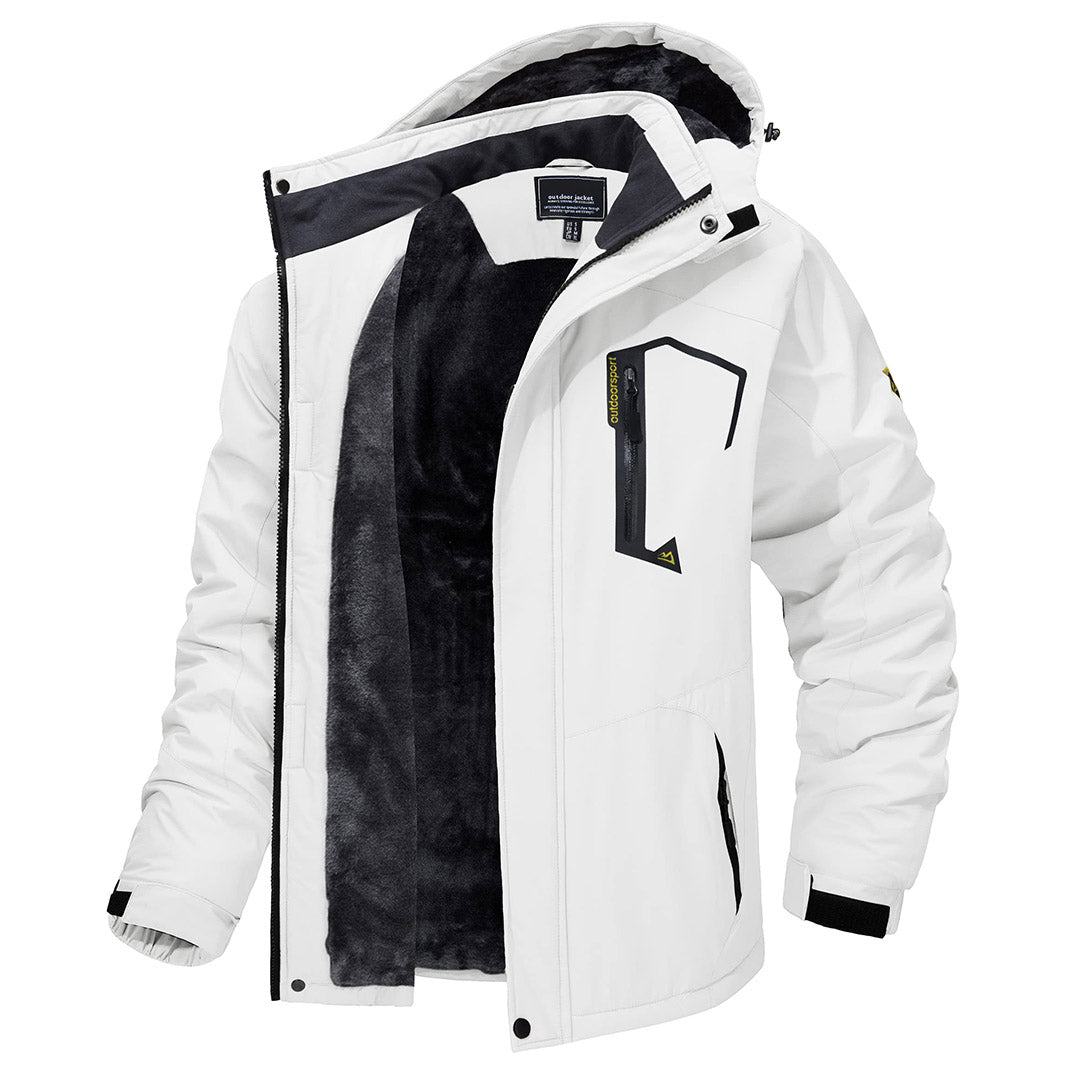Men's waterproof fleece-lined ski jacket with detachable hood, multiple pockets, cold-weather outdoor fit