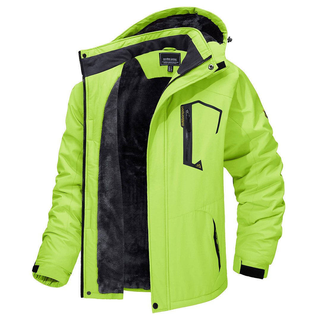 Men's waterproof fleece-lined ski jacket with detachable hood, multiple pockets, cold-weather outdoor style