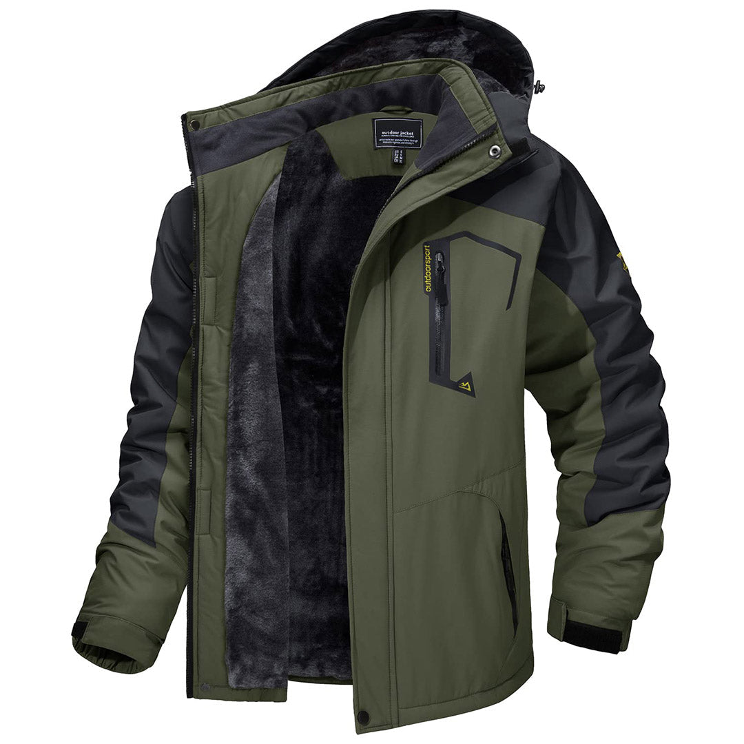 Men's waterproof fleece-lined ski jacket with detachable hood, multiple pockets, cold-weather outdoor wear