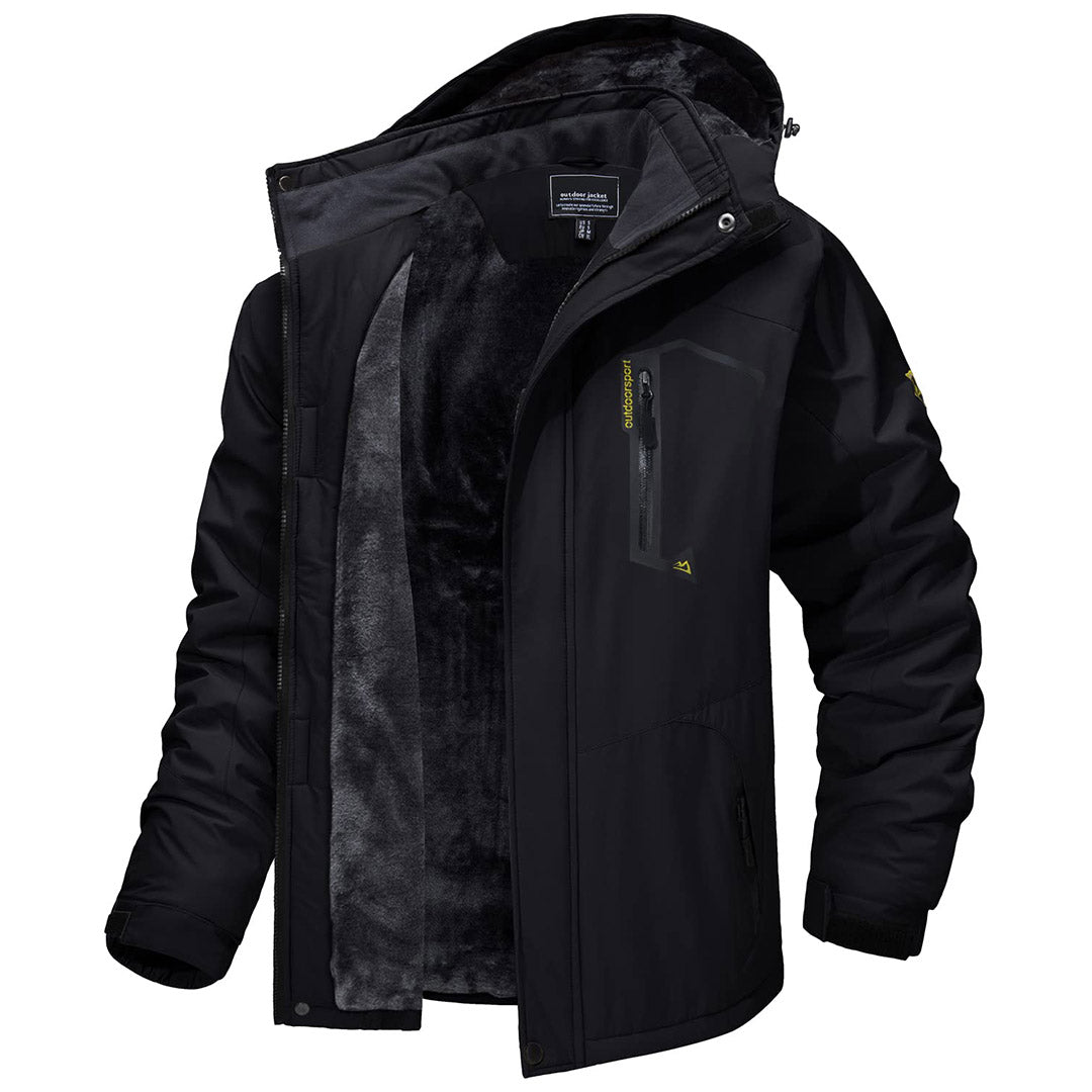 Men's waterproof fleece-lined ski jacket with detachable hood, multiple pockets, polyester build