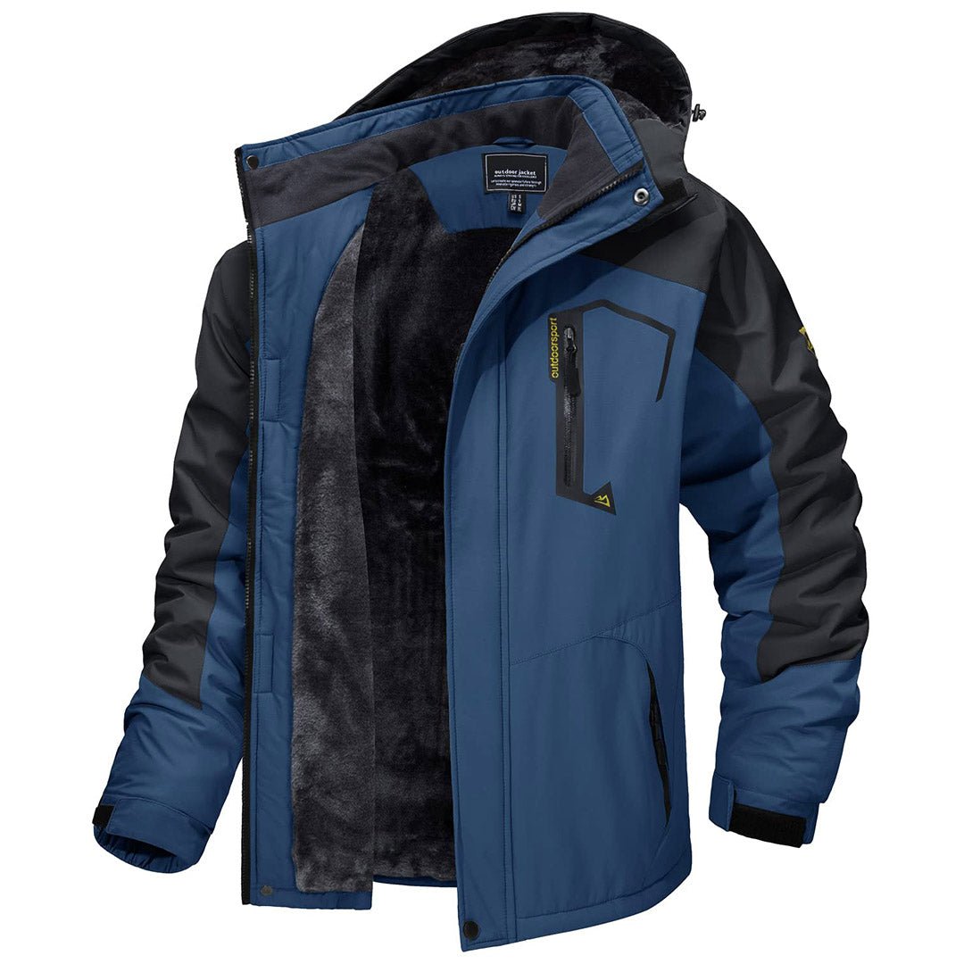 Men's waterproof fleece-lined ski jacket with detachable hood, multiple pockets, cold-weather outdoor style