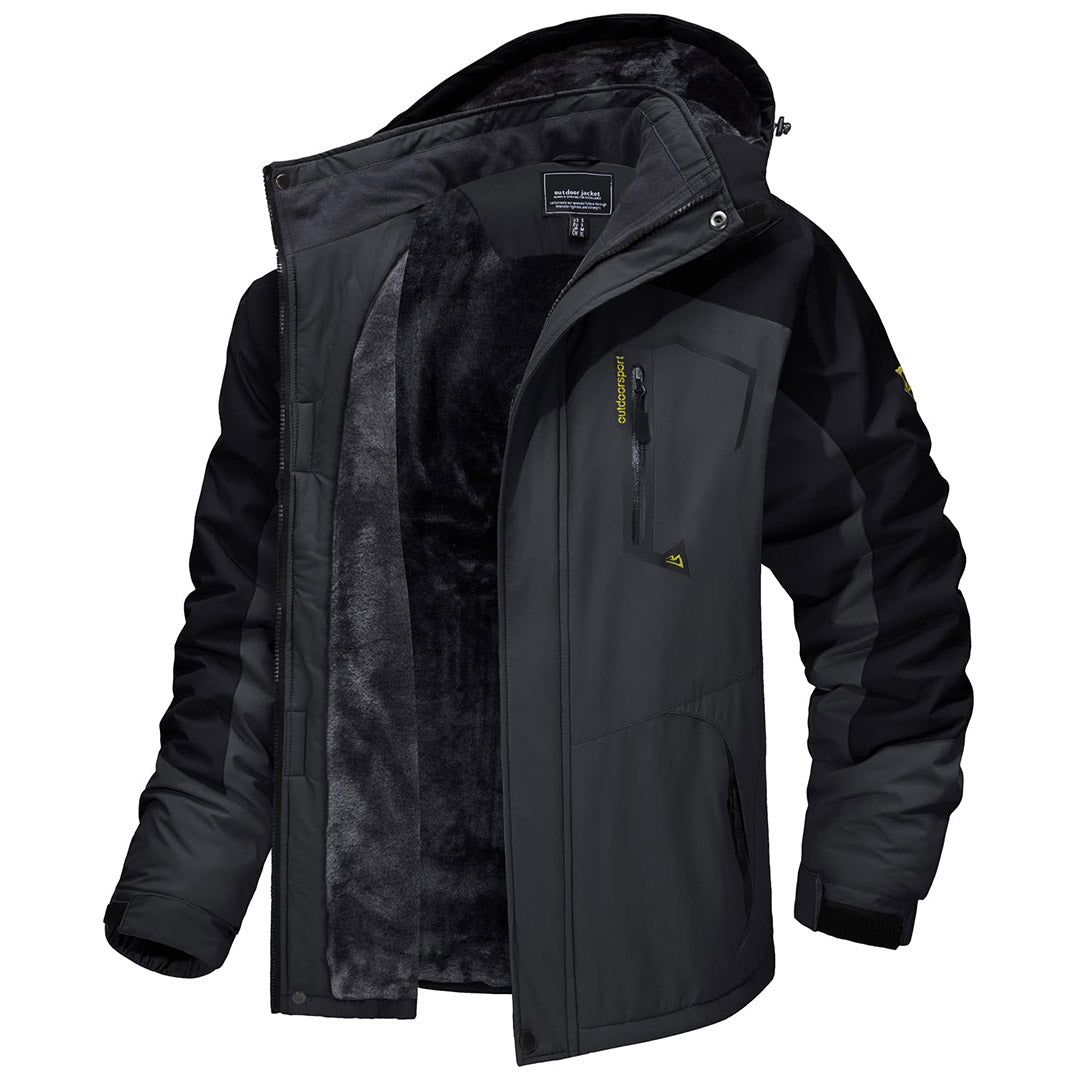 Men's waterproof fleece-lined ski jacket with detachable hood, multiple pockets, cold-weather outdoor wear