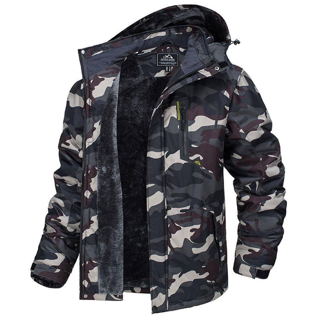 Men's waterproof fleece-lined ski jacket with detachable hood, multiple pockets, windproof winter coat