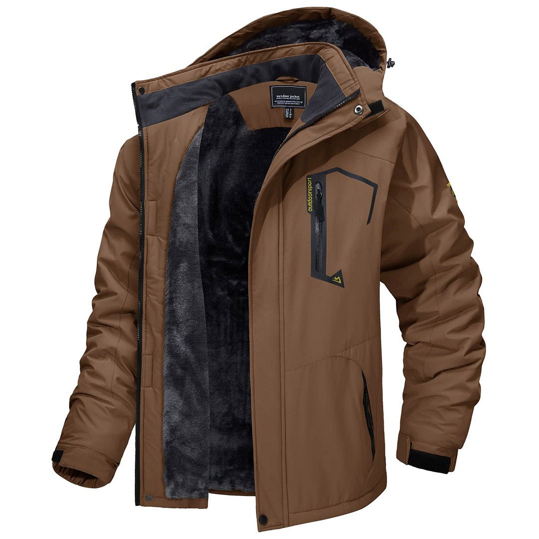 Men's waterproof fleece-lined ski jacket with detachable hood, multiple pockets, cold-weather outdoor wear