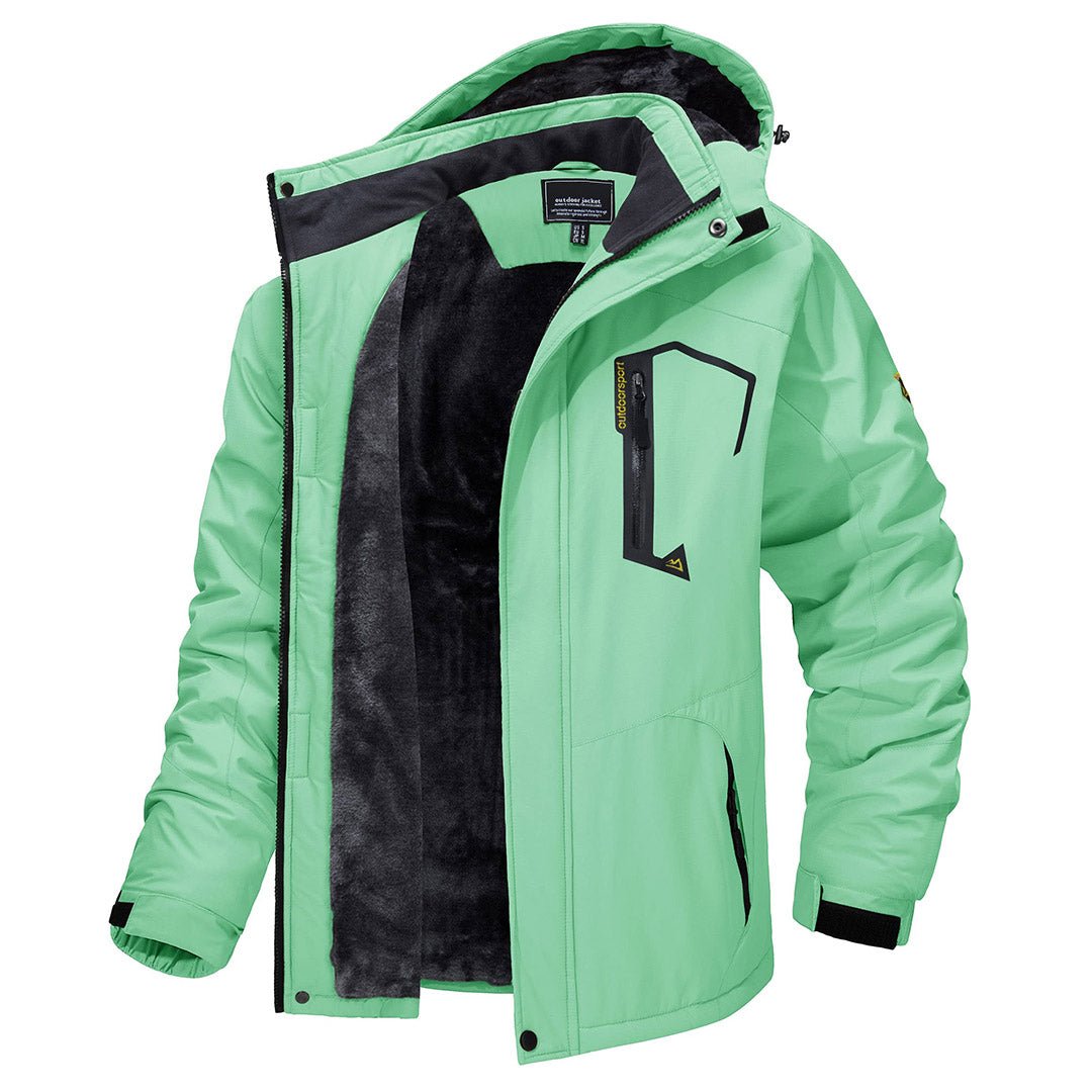 Men's waterproof fleece-lined ski jacket with detachable hood, multiple pockets, cold-weather outdoor fit
