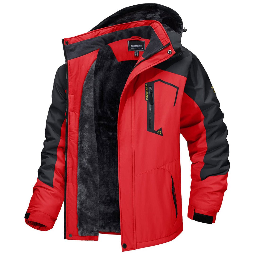 Men's waterproof fleece-lined ski jacket with detachable hood, multiple pockets, cold-weather outdoor wear