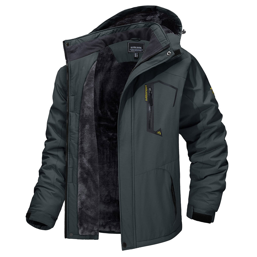 Men's waterproof fleece-lined ski jacket with detachable hood, multiple pockets, cold-weather outdoor style