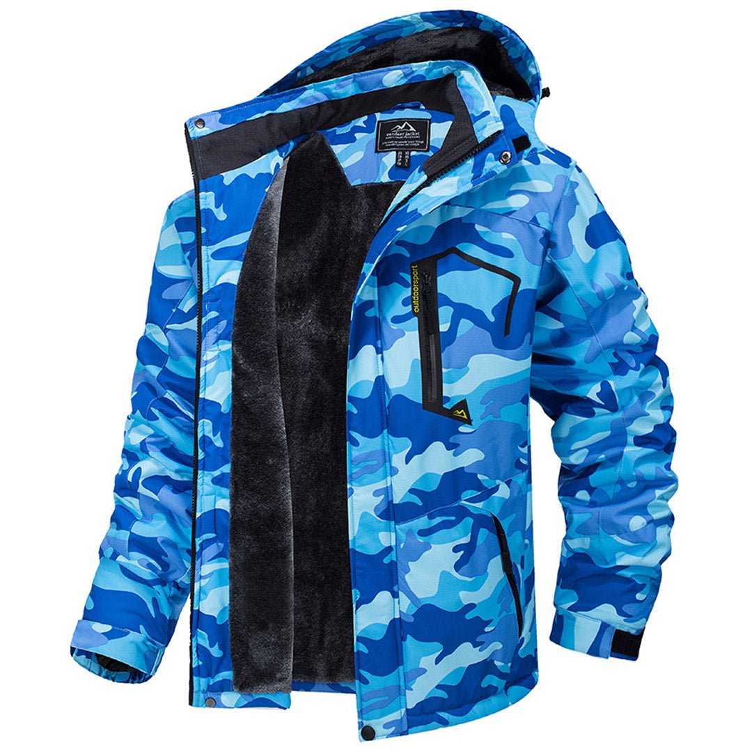 Men's waterproof fleece-lined ski jacket with detachable hood, multiple pockets, cold-weather outdoor wear