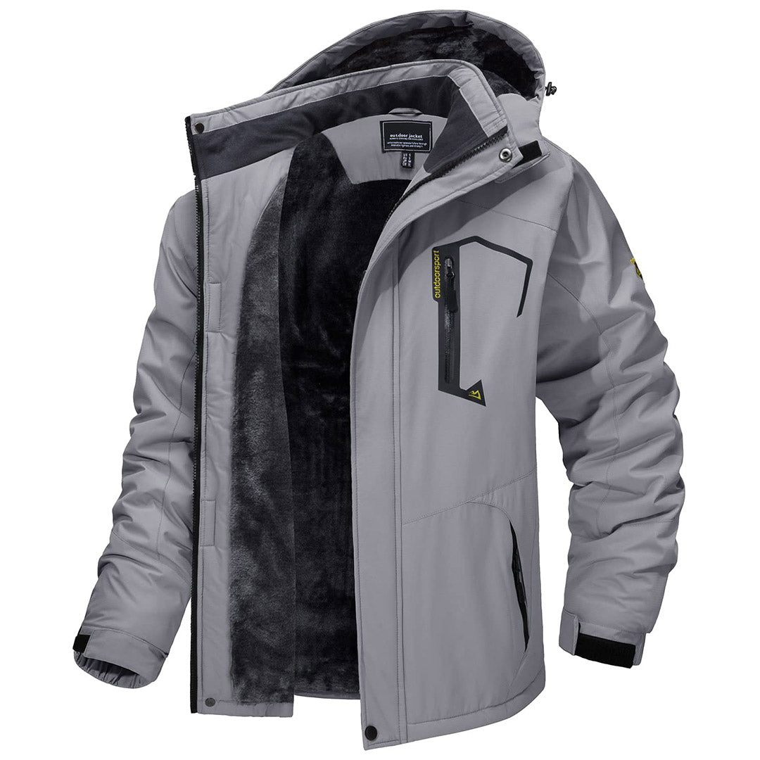 Men's waterproof fleece-lined ski jacket with detachable hood, multiple pockets, cold-weather outerwear