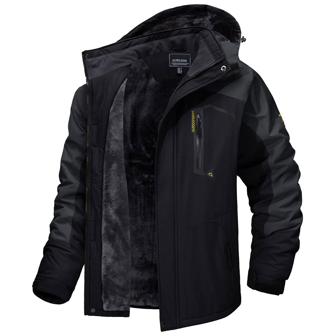 Men's waterproof fleece-lined ski jacket with detachable hood, multiple pockets, polyester build