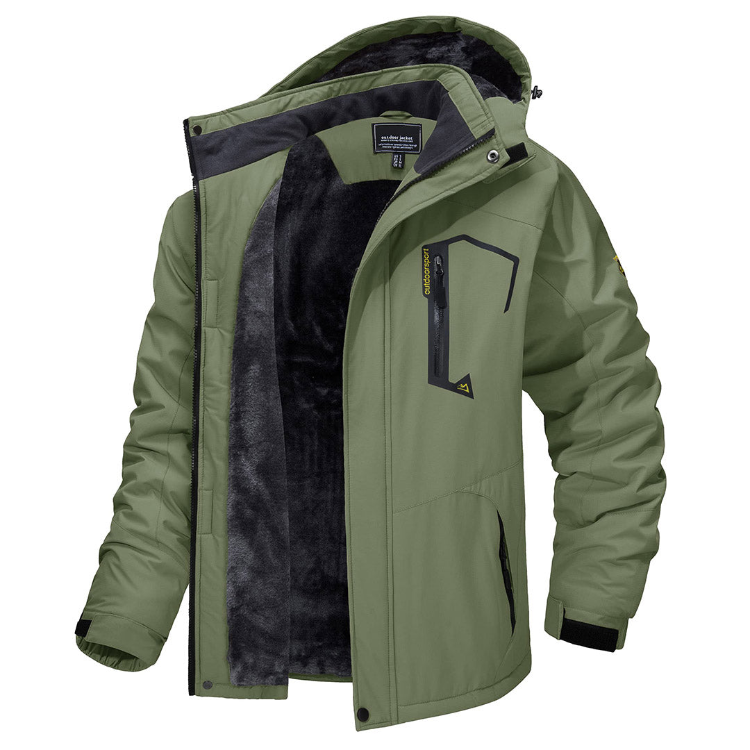 Men's waterproof fleece-lined ski jacket with detachable hood, multiple pockets, cold-weather outdoor wear