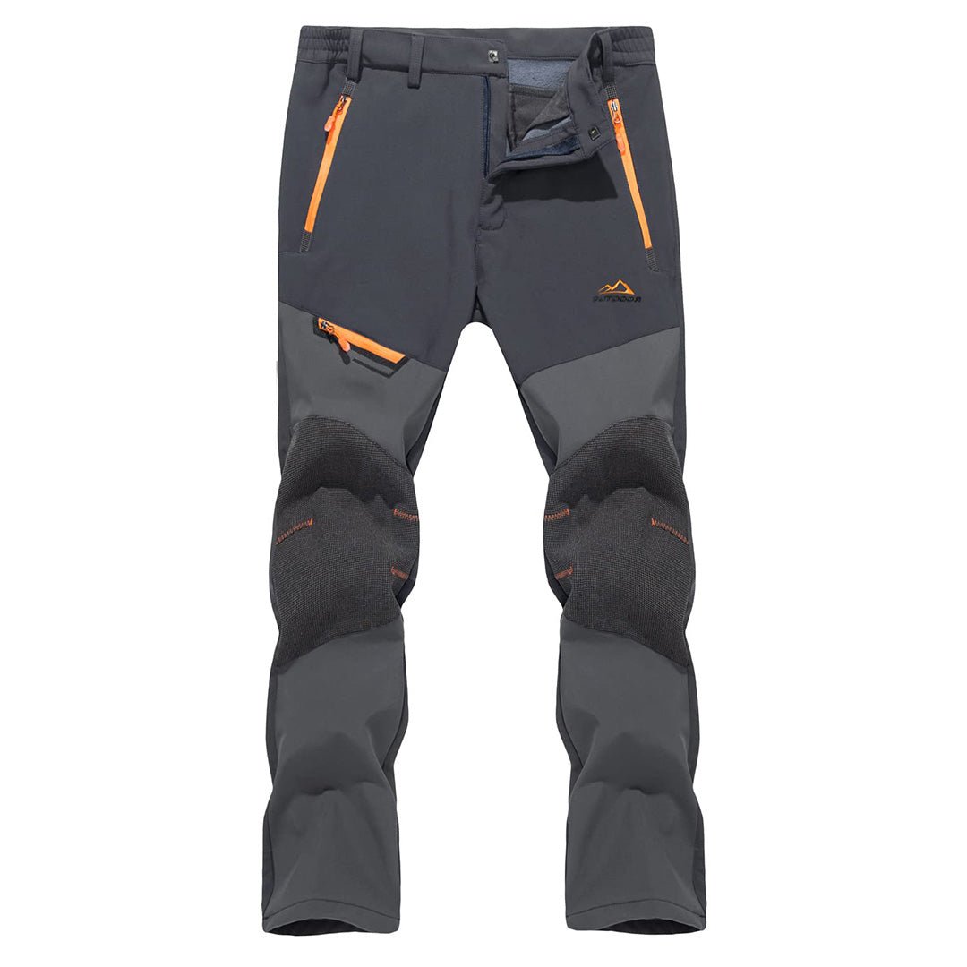 Men's black water-resistant fleece-lined ski pants with tapered fit for cold weather hiking