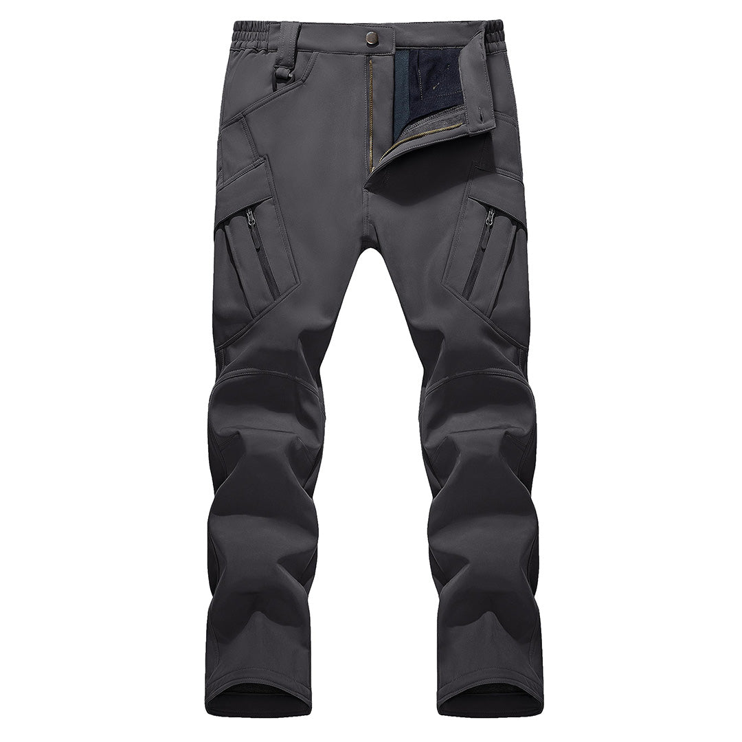 Men's black softshell ski pants fleece-lined wind-resistant tactical fit for outdoor winter sports