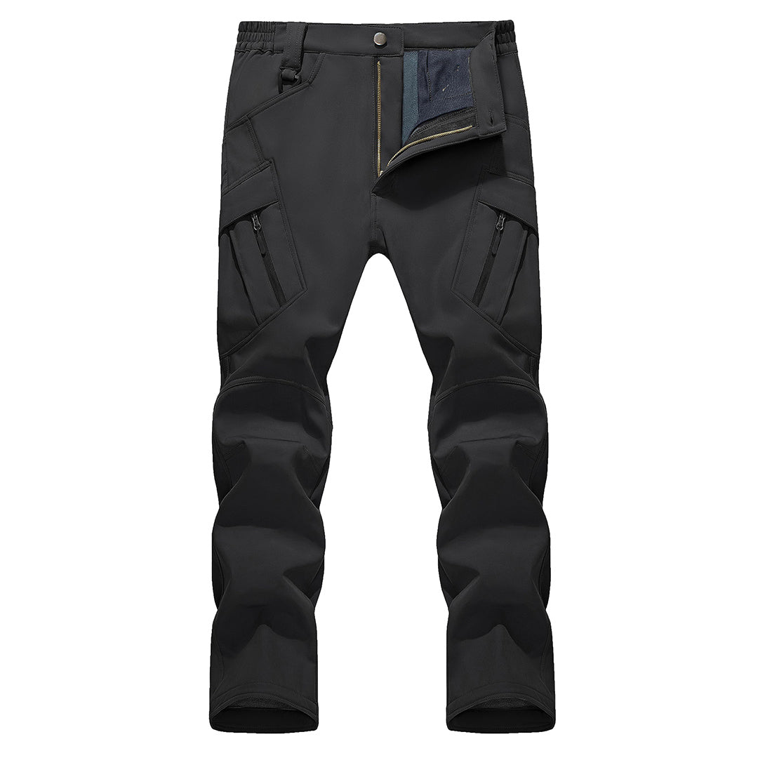 Men's black softshell ski pants fleece-lined wind-resistant tactical outdoor winter trousers