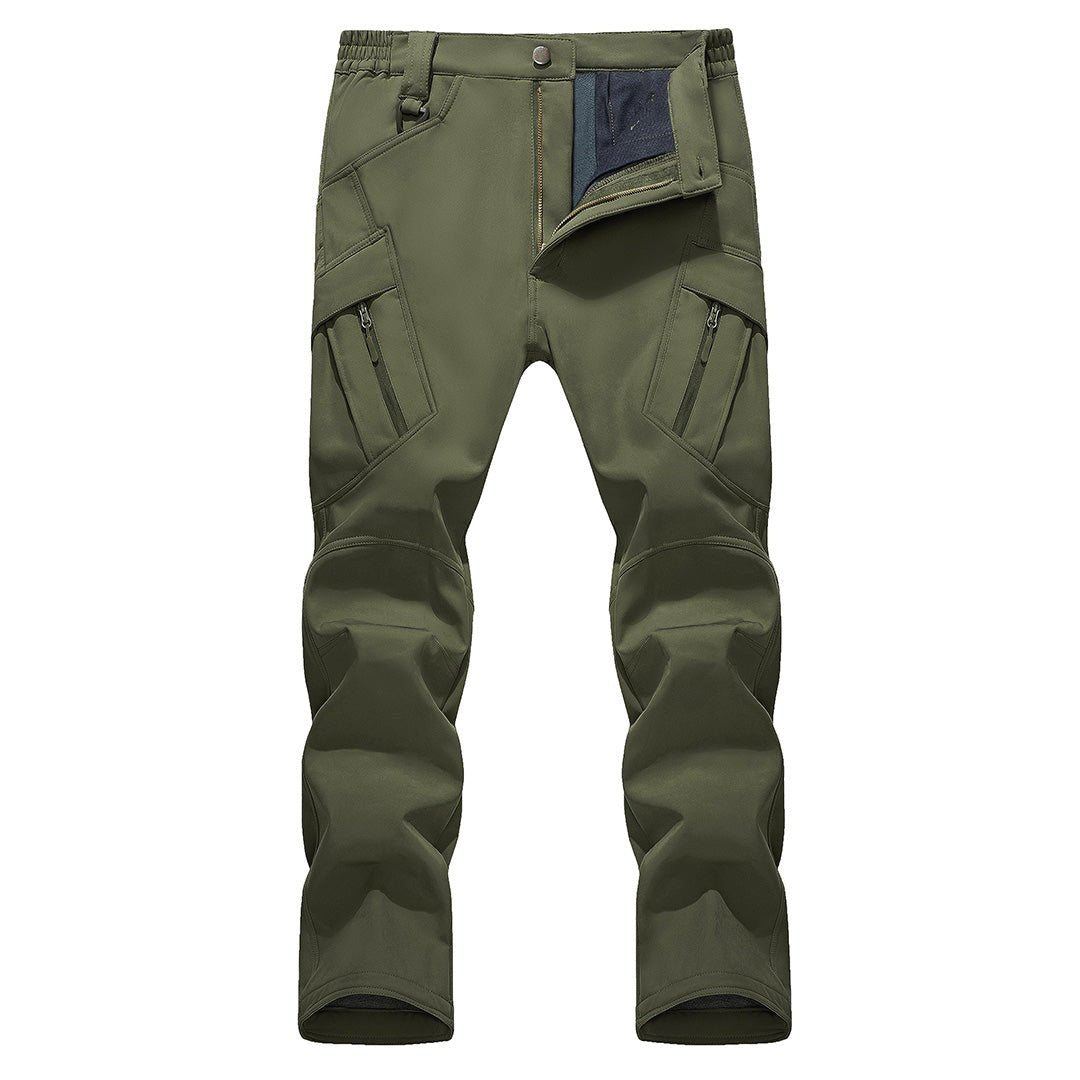 Men's black softshell ski pants fleece-lined wind-resistant tactical cut for outdoor winter sports