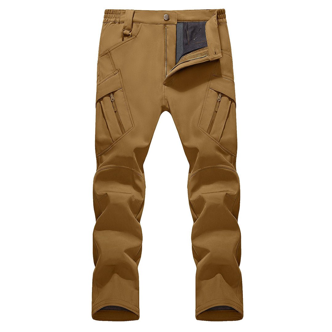 Men's black softshell ski pants fleece-lined wind-resistant tactical fit for outdoor winter sports