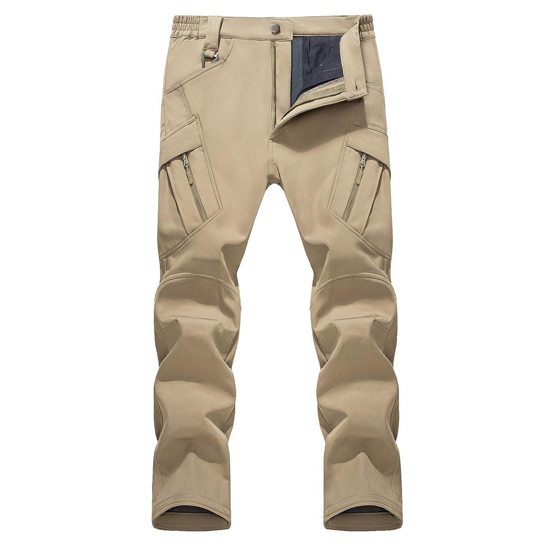 Men's black softshell ski pants fleece-lined wind-resistant tactical fit for outdoor winter sports