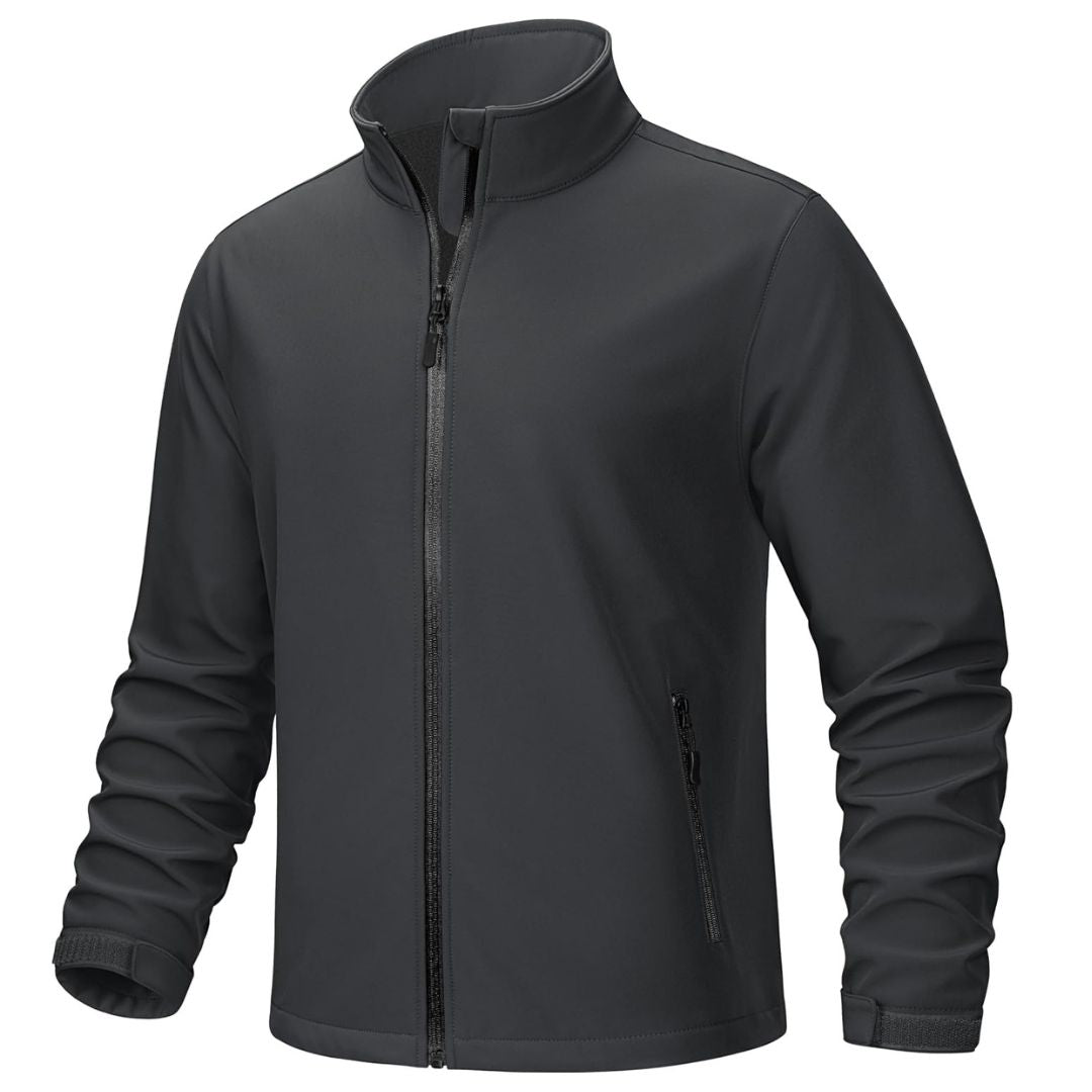 Men's lightweight gray softshell hiking jacket windproof waterproof with athletic slim fit cut