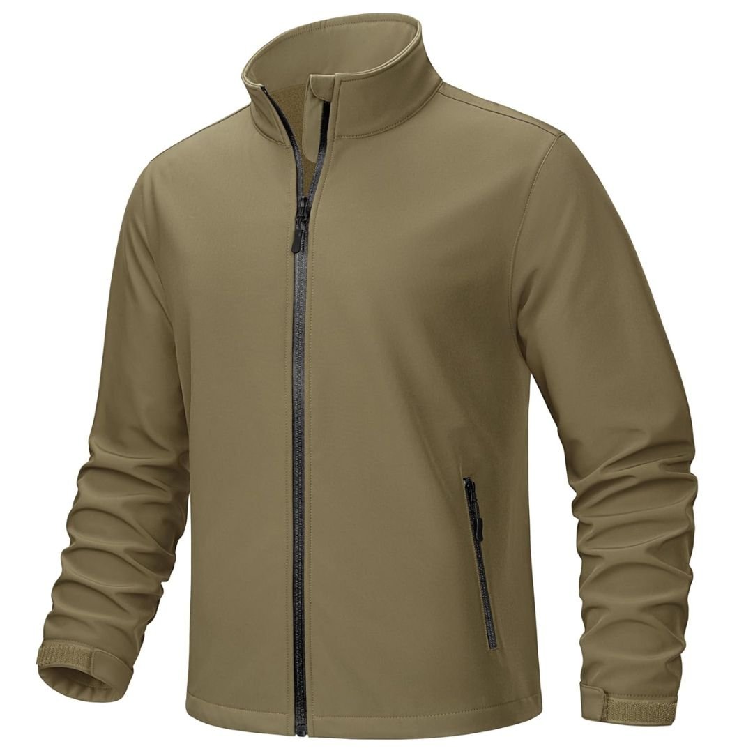 Men's lightweight gray softshell hiking jacket windproof waterproof with athletic slim-fit cut