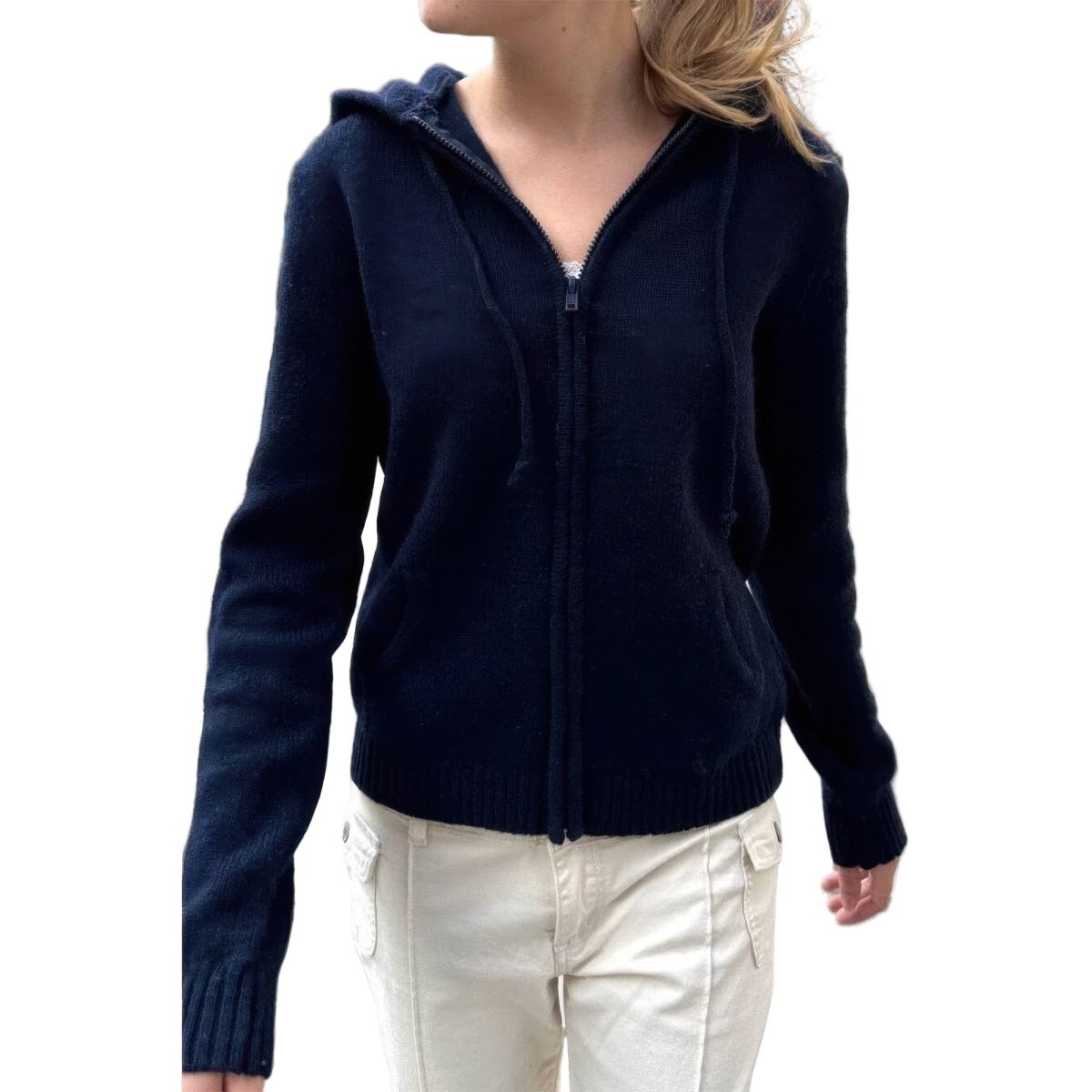 Women's solid ribbed knit hoodie with front zipper pockets, lightweight polyester active style