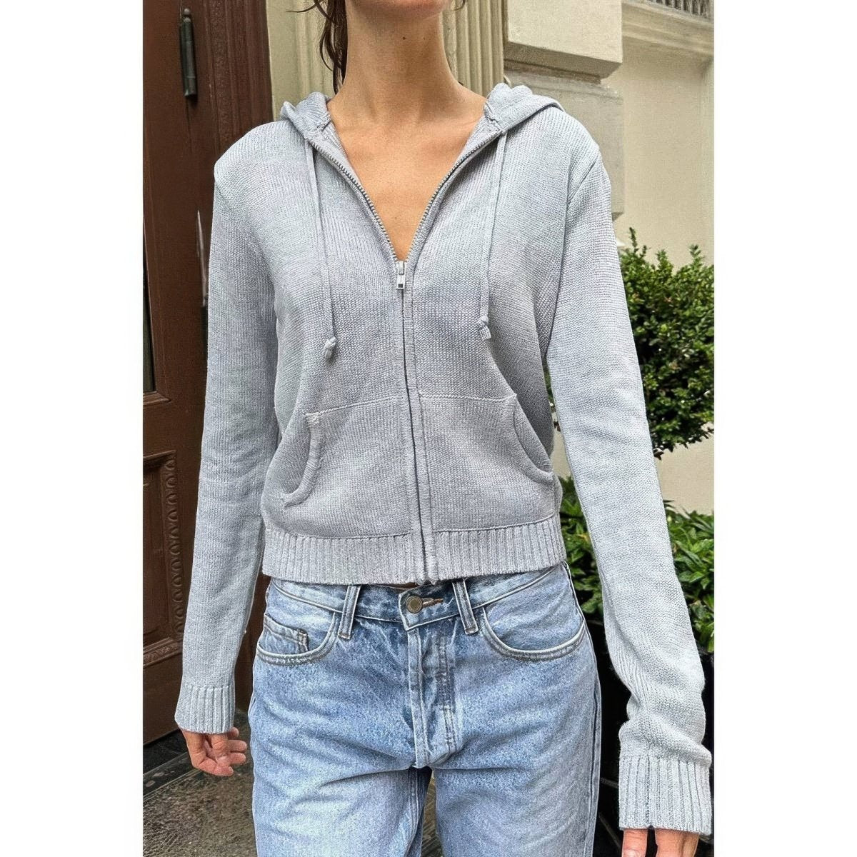 Women's solid ribbed knit hoodie with front zipper pockets, lightweight polyester active style
