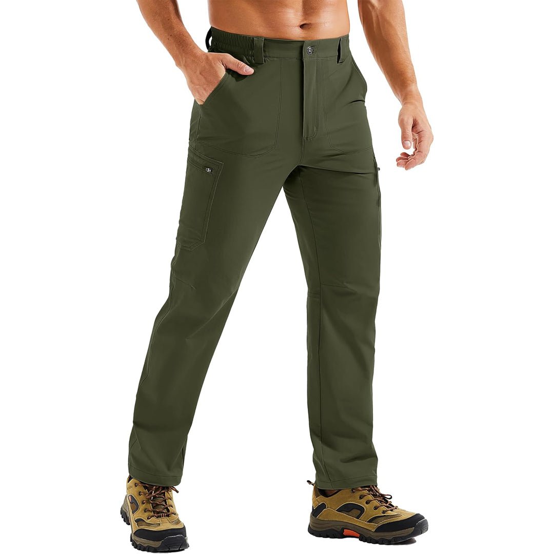 Men's lightweight stretch cargo hiking pants in neutral tone, water-resistant with multi-pocket design