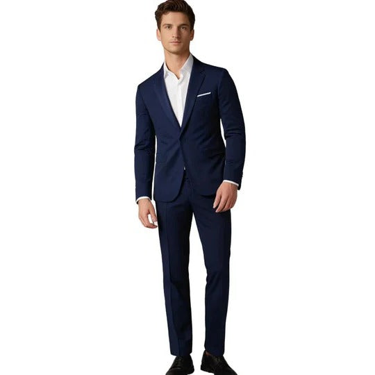 Men's slim fit black two-piece suit with matching blazer and trousers for business professionals