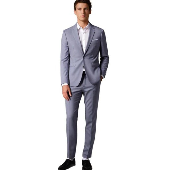 Men's slim fit black two-piece suit with matching blazer and trousers for business professionals