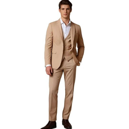 Men's slim fit black two-piece suit with blazer and trousers, sharp tailored silhouette for business