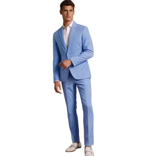 Men's slim fit black two-piece suit with matching blazer and trousers for business professionals