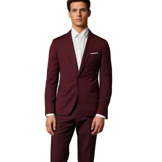 Men's slim fit black two-piece suit with matching blazer and trousers for business professionals
